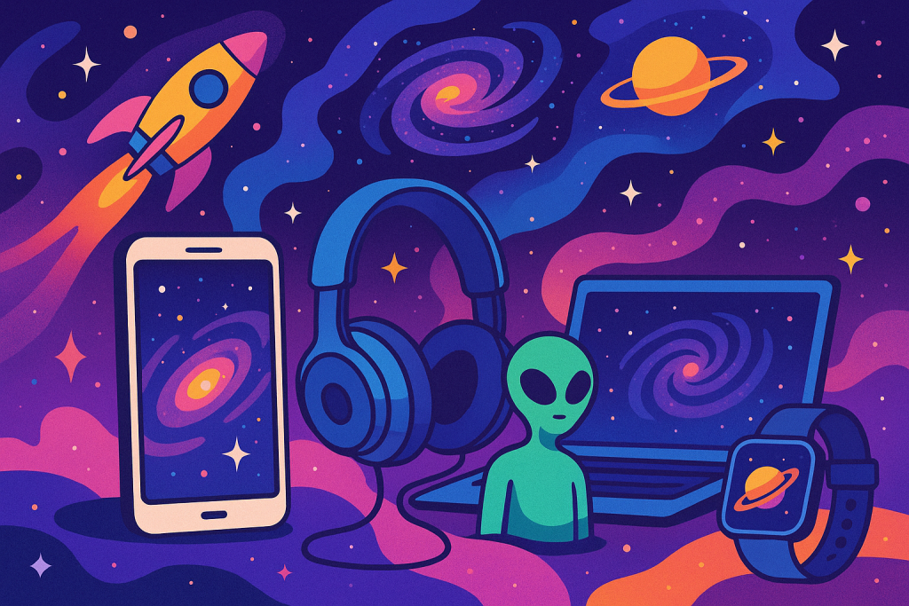 This lively digital artwork fuses consumer tech with cosmic imagery, blending vibrant purples, blues, pinks, yellows, and oranges. Central to the scene are a smartphone, headphones, laptop, and smartwatch, all featuring swirling galaxy themes, alongside a minimalist green alien and various space elements like a rocket and nebula, creating a retro-futuristic vibe through clean shapes and smooth gradients.